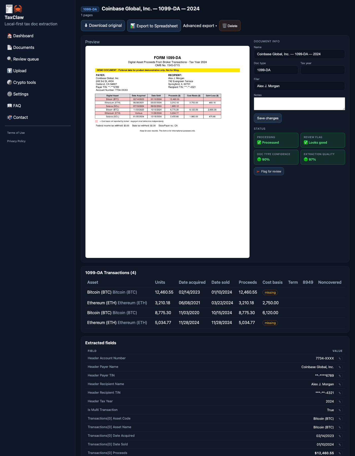TaxClaw extracted fields result