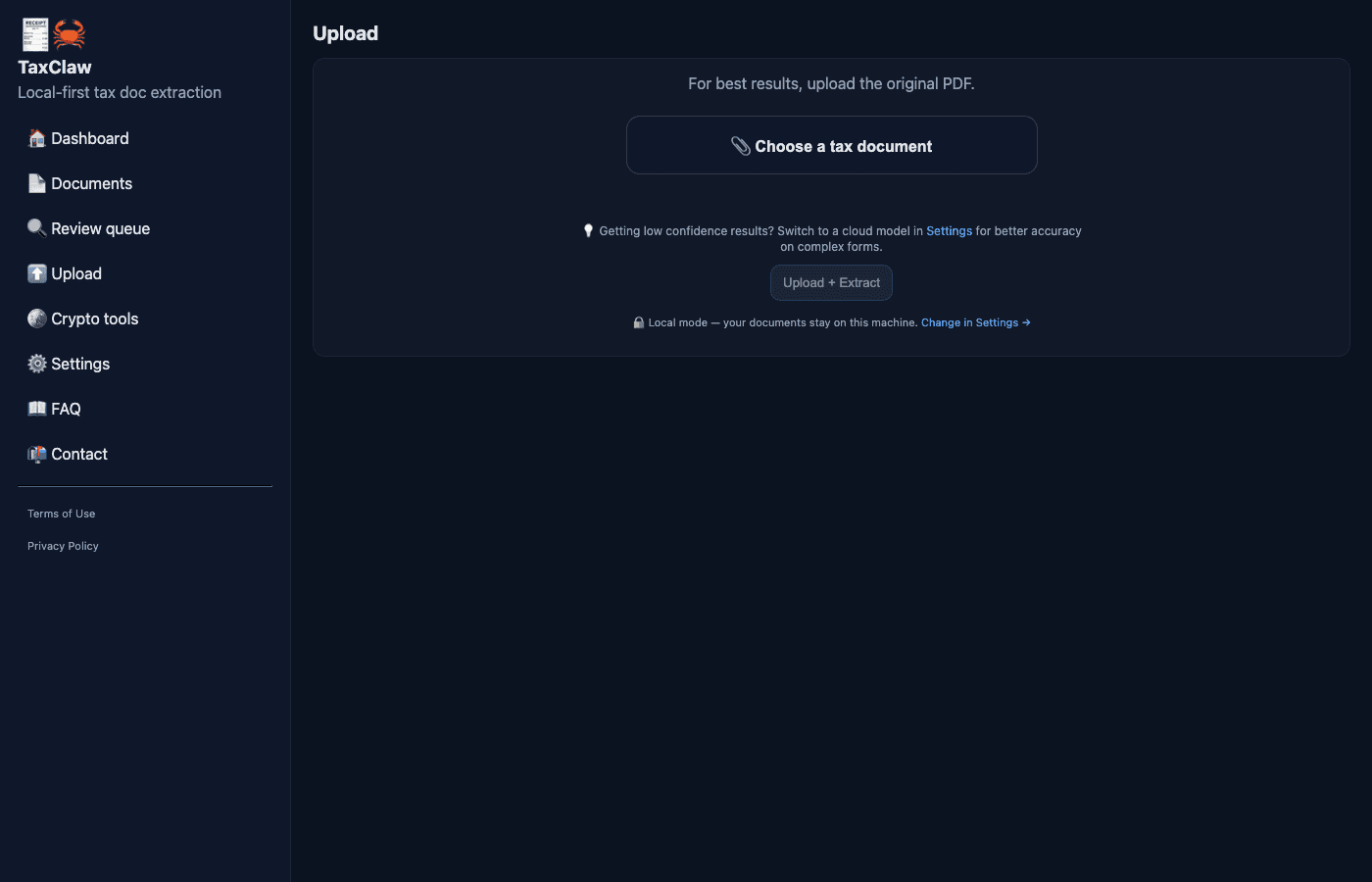 TaxClaw upload screen